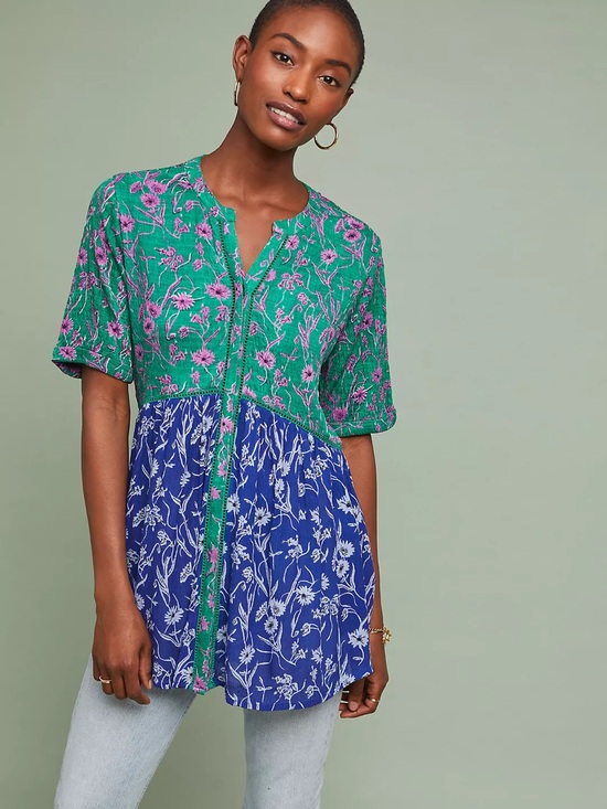 Anthropologie Tops - Anthropologie Akemi + Kin Veria Tunic in Green & Blue Floral Print, SZ S